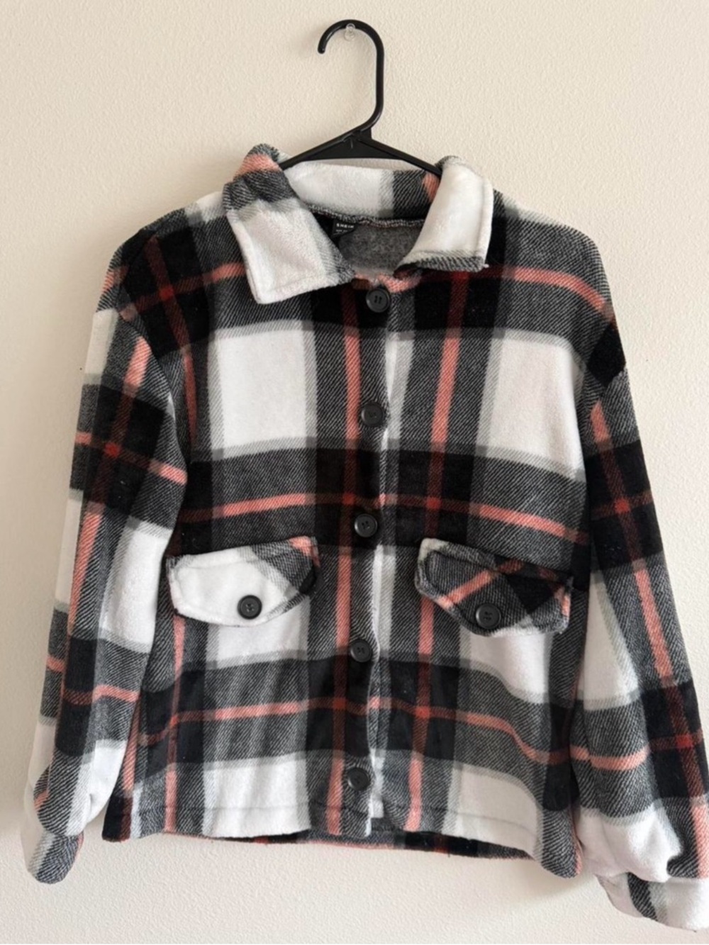 SHEIN Black, White & Red Plaid Fleece Jacket